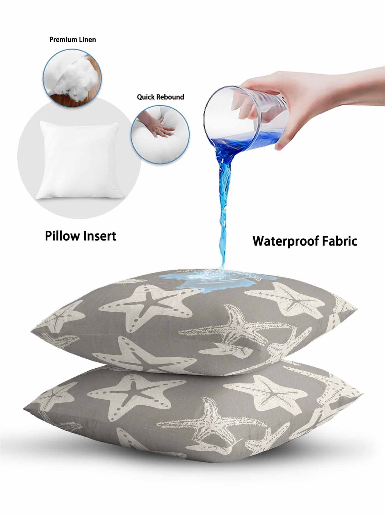 Outdoor Pillows Waterproof, Grey Starfish Coastal Bedding Throw Pillows with Insert for Couch Sofa Bed, Nautical Summer Ocean Abstract Art 18x18 Inch Pillowcases Decorative Patio Pillow Set of 2