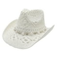 thumbnail image 3 of Yuanlong Hats Men & Women Plain White Bead Strap Hollow Woven Straw Cowboy Hat For Summer Stylish Adjustable Beach Headwear, 3 of 7