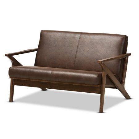 Baxton Studio Bianca Mid-Century Modern Walnut Wood Dark Brown Distressed Faux Leather 2-Seater