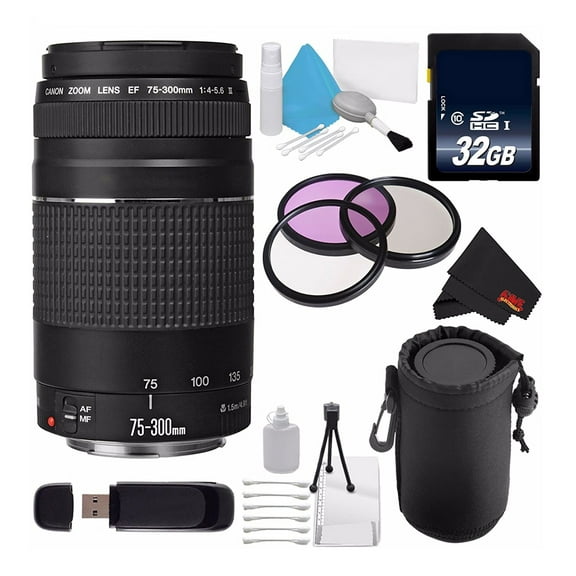 Canon EF 75-300mm f/4-5.6 III Telephoto Zoom Lens Bundle 32GB Kit Accessories (International Model)