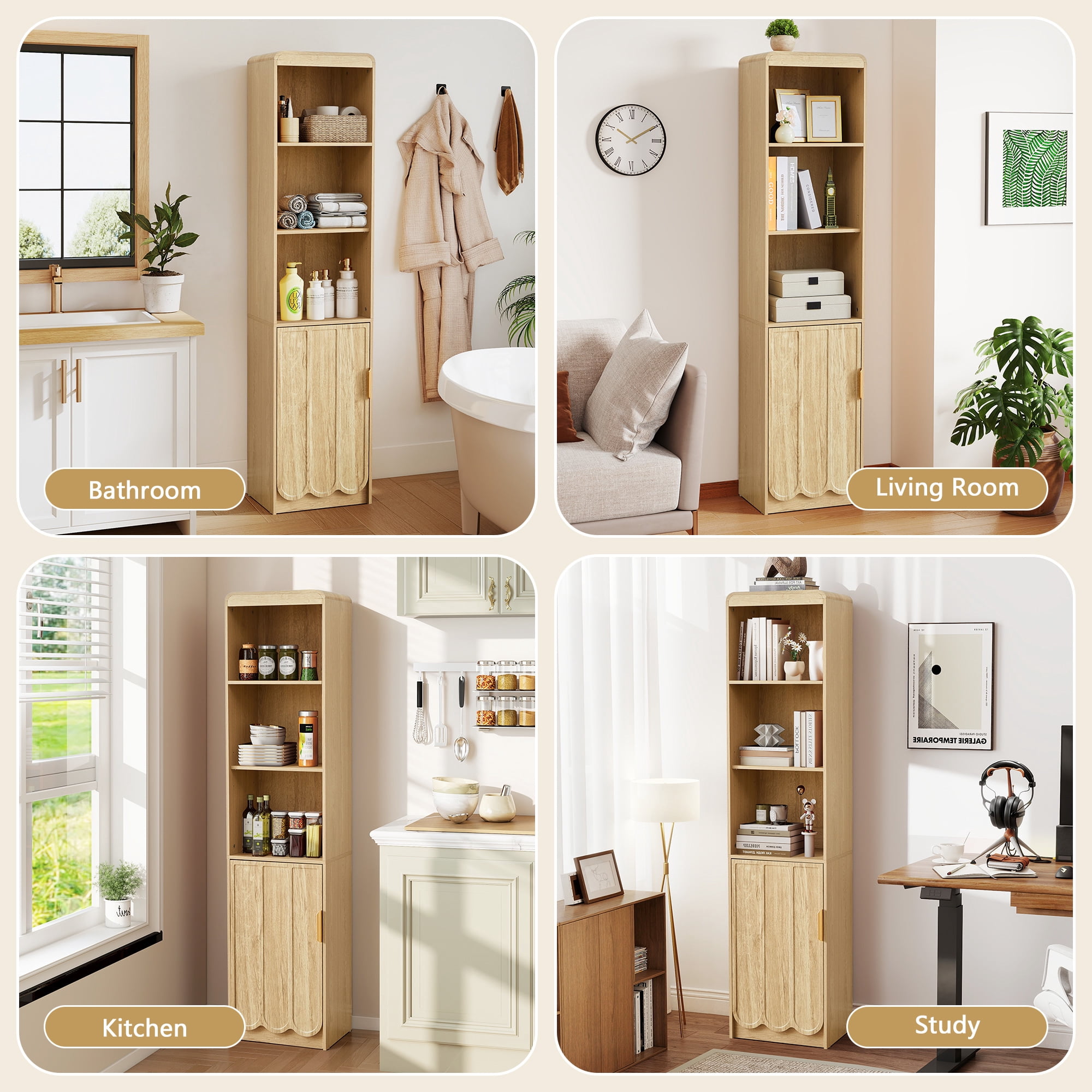 YOCWO 67" Tall Bathroom Storage Cabinet with Adjustable Shelves, 5 Tiers & 1 Door Bathroom Storage Tower with Wave Panel & Mental Handle, Freestanding Narrow Cabinet for Small Spaces, Natural