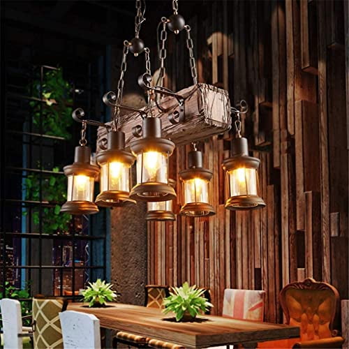 Eoyemin Farmhouse Lighting Industrial Rustic Wood Beam Linear Island Pendant Light Chandelier Lighting Hanging Ceiling Fixture 6-Light E26
