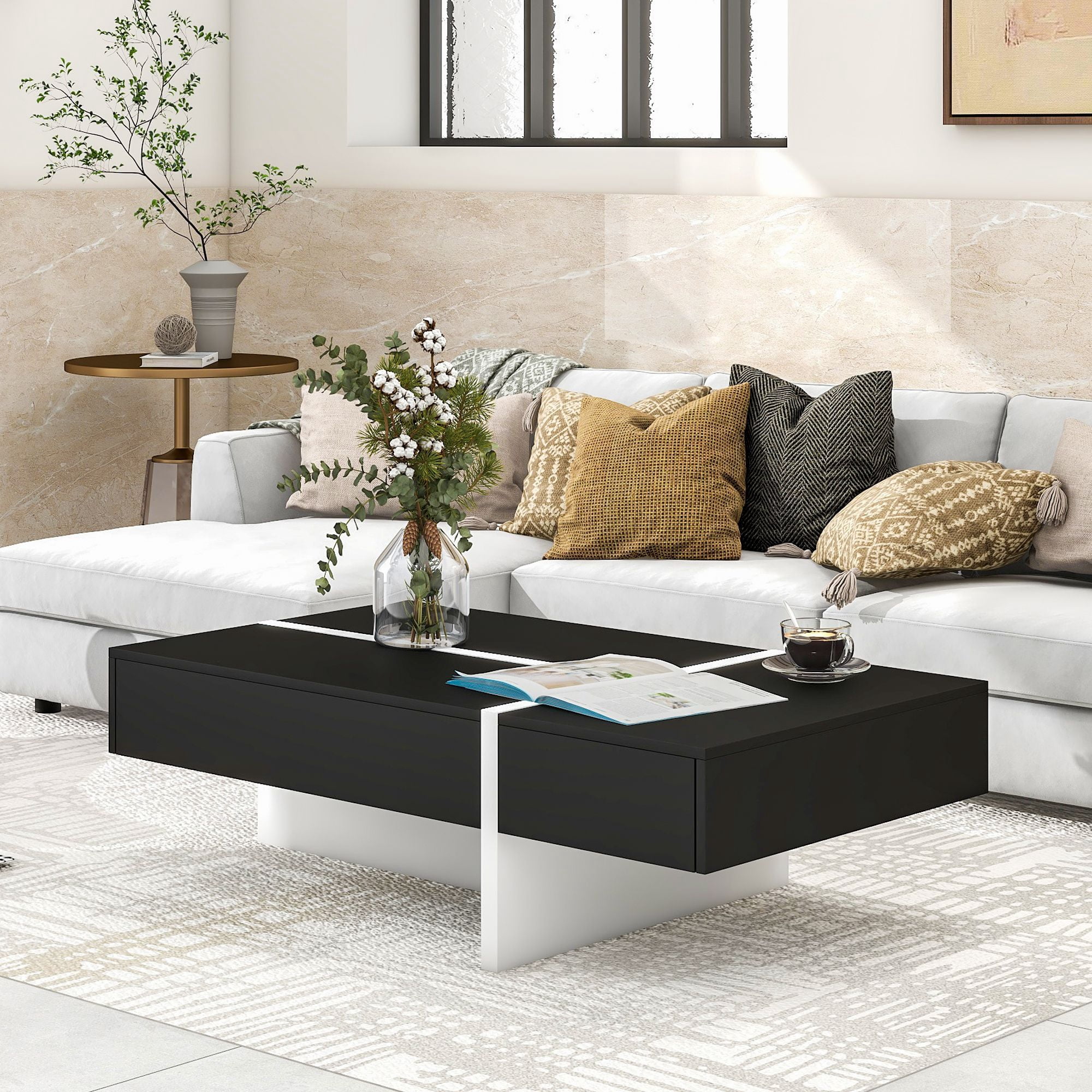 Aukfa Rectangle Coffee Table with Storage Compartment - Living Room Furniture - Black