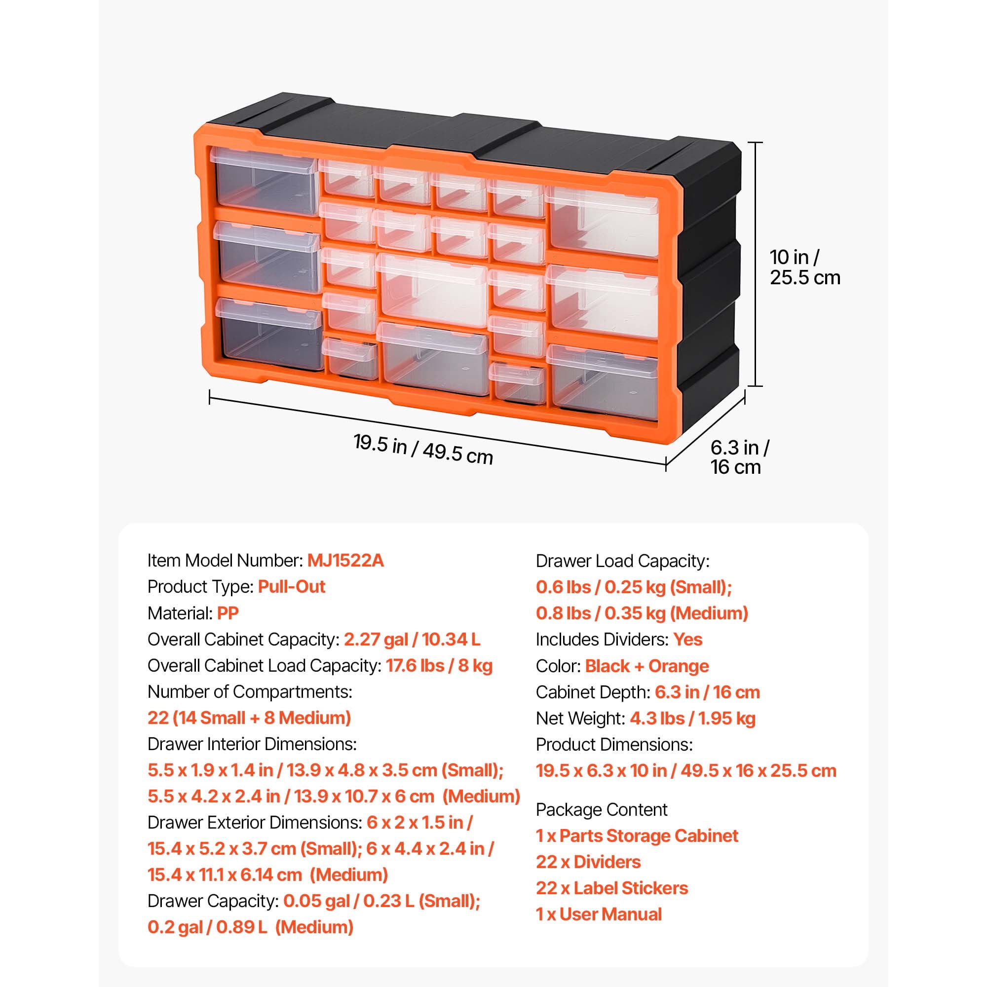 KFFKFF 22-Drawer Plastic Storage Organizer, Stackable Cabinet for Garage Organization, Wall-Mountable Toolbox for Hardware, Beads, Screws, Crafts, and Building Bricks