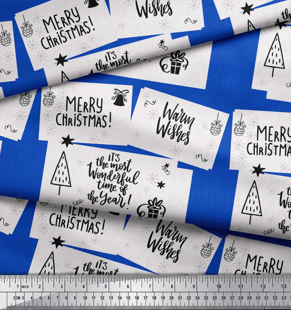 Soimoi Blue Georgette Viscose Fabric Tree & Merry Christmas Text Printed Fabric 1 Yard 42 Inch Wide