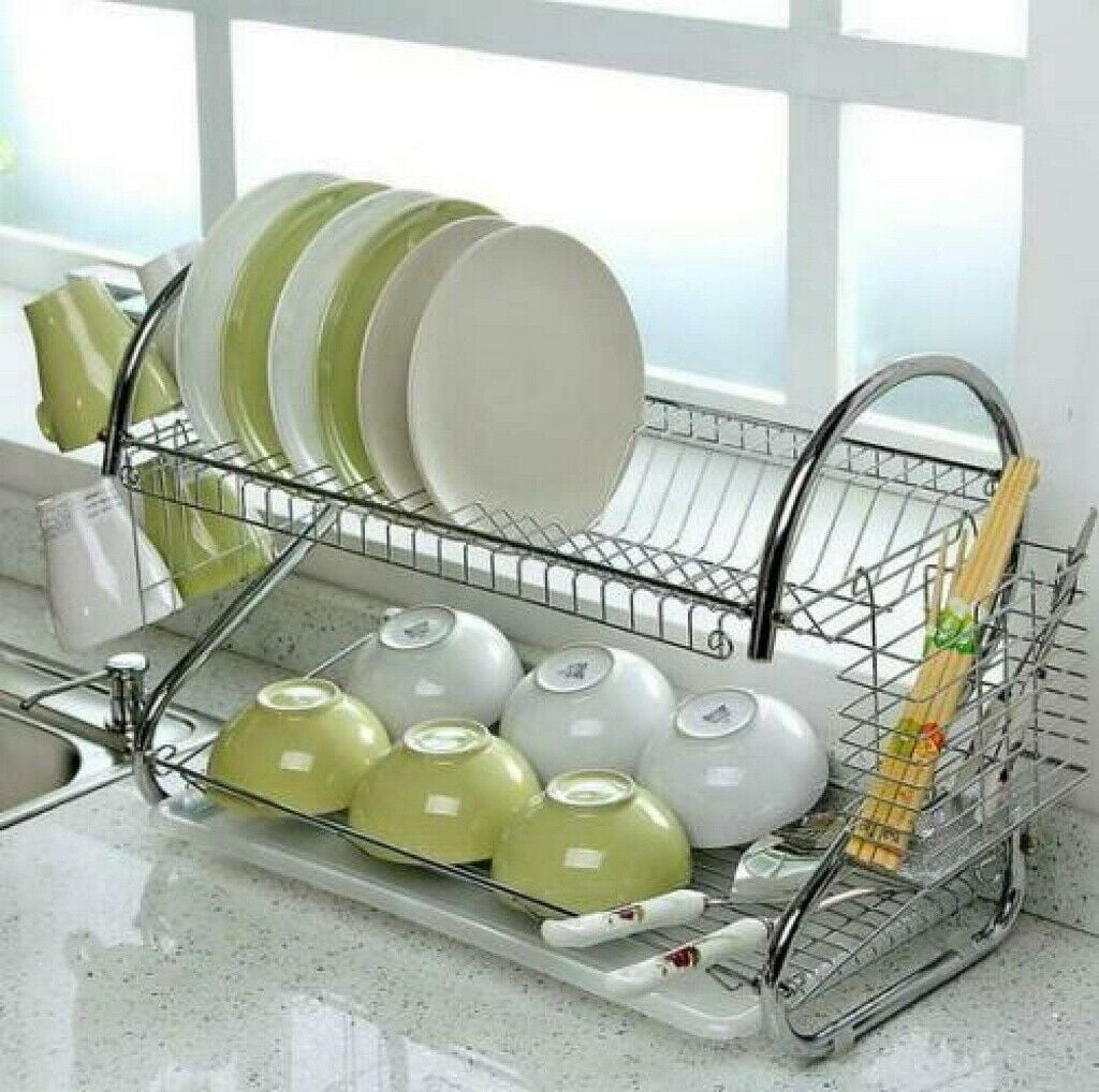 Silver 3-Tier Dish Drying Rack Dish Drainer Stainless Steel Dish Rack and Drain Board Set Dishes & Chopsticks & Spoons Collection Shelf for Kitchen Shipped from USA!!! 