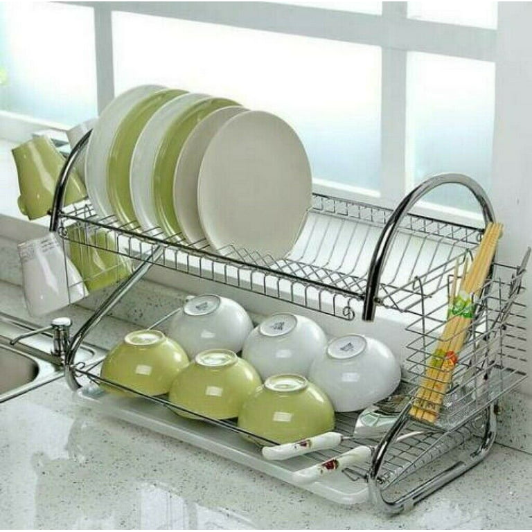 US IN STOCK]Dish Rack Drain Set, 2 Tier S-shaped Drying Rack for Kitchen  Counter, Small Dish Drying Rack with Drainboard, Dish Strainers for Kitchen  Counter,Stainless Steel Dish Drying Rack,Silver 
