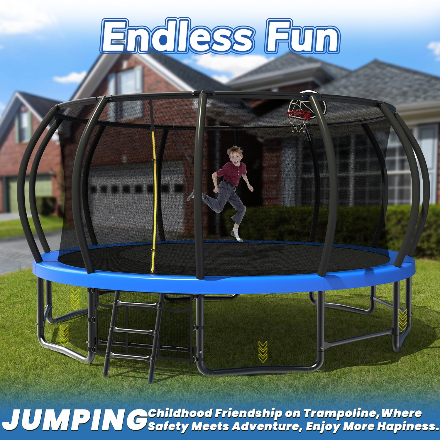 Leumius 16FT Trampoline with Enclosure Net,Outdoor Heavy Duty Pumpkin Trampolines with Curved Poles,Recreational Trampolines with Ladder and Basketball Hoop for Kids and Adults,Blue