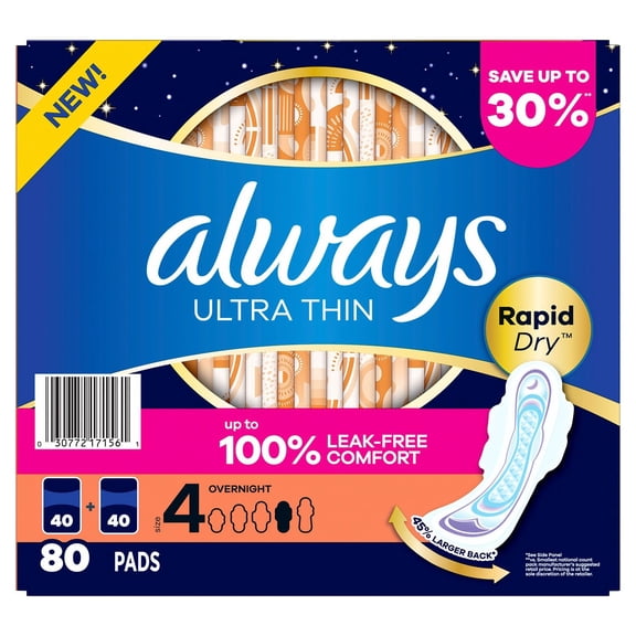 Always Ultra Thin Overnight Pads with Wings, Size 4, 80 Count