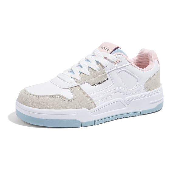 LUCKY STEP Stylish Comfort Low Top Sneakers Lace Up Casual Shoes,White&Grey&Pink,Womens