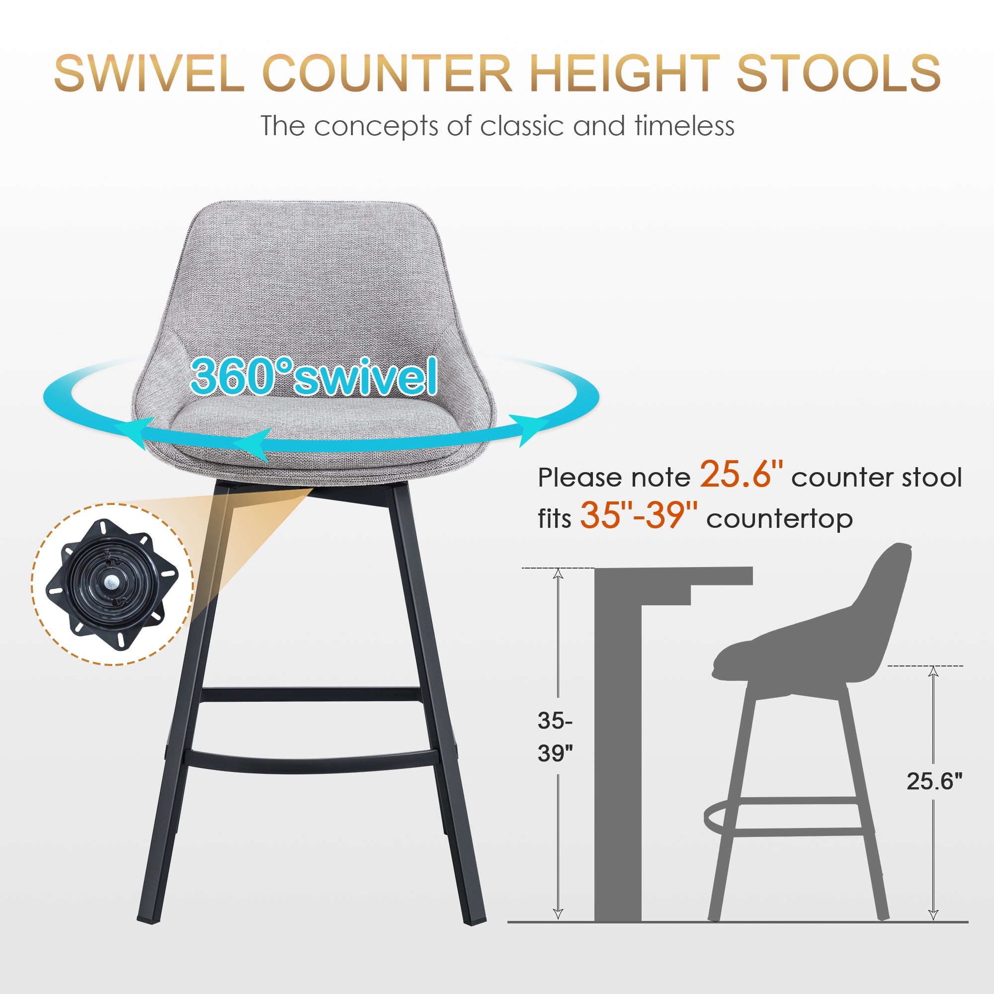 Zesthouse Swivel Bar Stools Set of 3, 25.6″ Upholstered Linen Counter Height Barstools with Backs, Modern Kitchen Chairs with Metal Legs, Gray