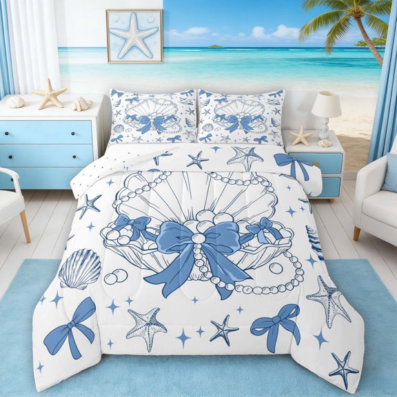 Manfei Blue White Pearl Seashell Starfish Bow Full Size Comforter Sets for Kids Girls, Sea Animal Bedding Sets, Reversible 3 Pieces, 1 Comforter and 2 Pillowcases