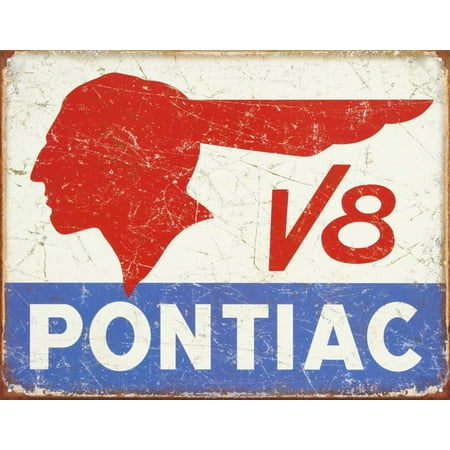 Logo Metal Sign - pontiac v8 logo - distressed retro vintage tin sign 13 x 16in