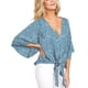 thumbnail image 1 of Blusa de manga larga con escote en V y estampado floral con nudo delantero - Azul para mujer M, 1 of 3