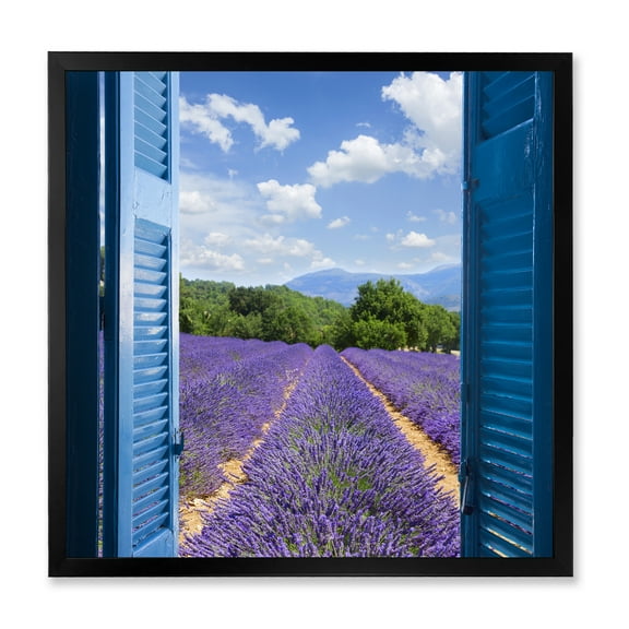 Designart 'View of Lavender Field Through Blue Open Cottage Window' Farmhouse Framed Art Print