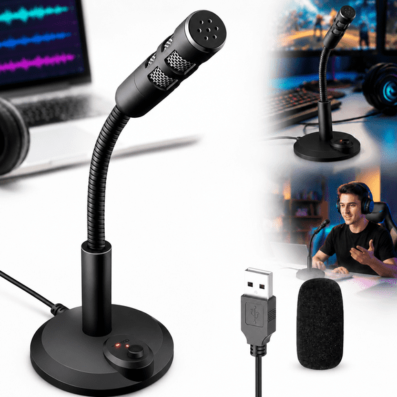 Genreen USB Computer Microphone,Plug and Play Desktop PC Laptop Microphone with Mute Button and LED Indicator for Streaming,Podcasting,Recording,Gaming,Skype,YouTube Mic for Mac or Window Black
