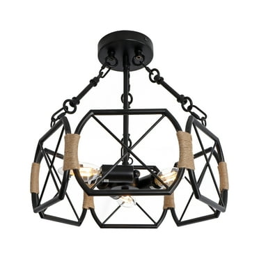3-Light Farmhouse Rustic Ceiling Light Fixture Semi Flush Mount Chandelier Black