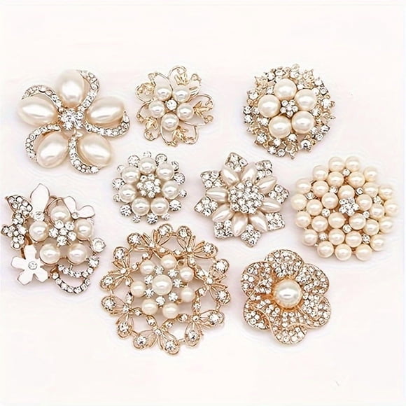 LEEYNEER 9 Piece Rose Golden Rhinestone Brooches  Large Pearl Crystal Wedding Bouquet Set  Zinc Alloy Accessories