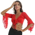thumbnail image 4 of Miutii Women's Belly Dance Yoga Top Costume Flare Sleeve Bell Bead Tassel Shawl Crop Tops Cardigan Red 3XL, 4 of 9