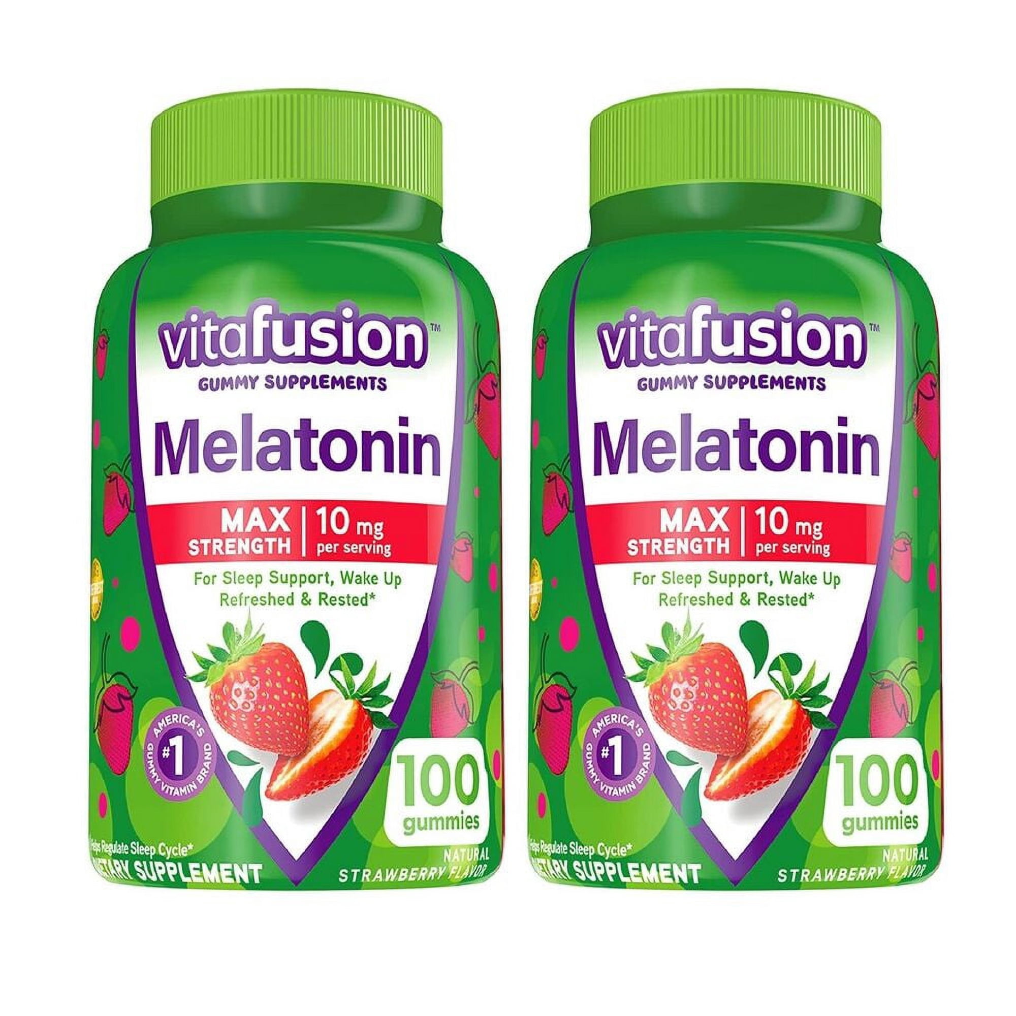Vitafusion Max Strength Melatonin Gummy Supplements, Strawberry Flavored, 10 mg Melatonin Sleep Supplements, America’s Number 1 Gummy Vitamin Brand, 50 Day Supply, 100 Count