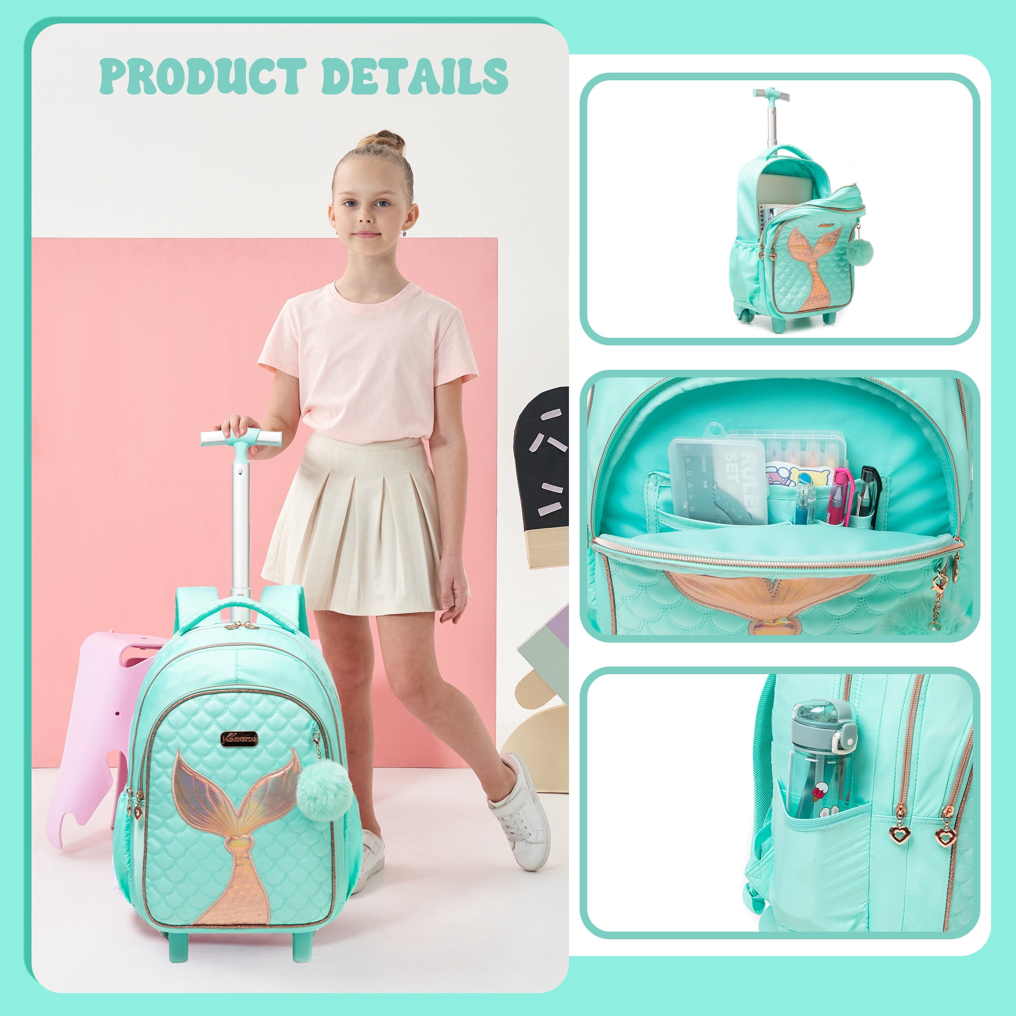 Mermaid Kids Rolling Backpack with Wheels for School Girls Bookbag with Lunch Box Pencil Case Luggage Ages 6-8 Green