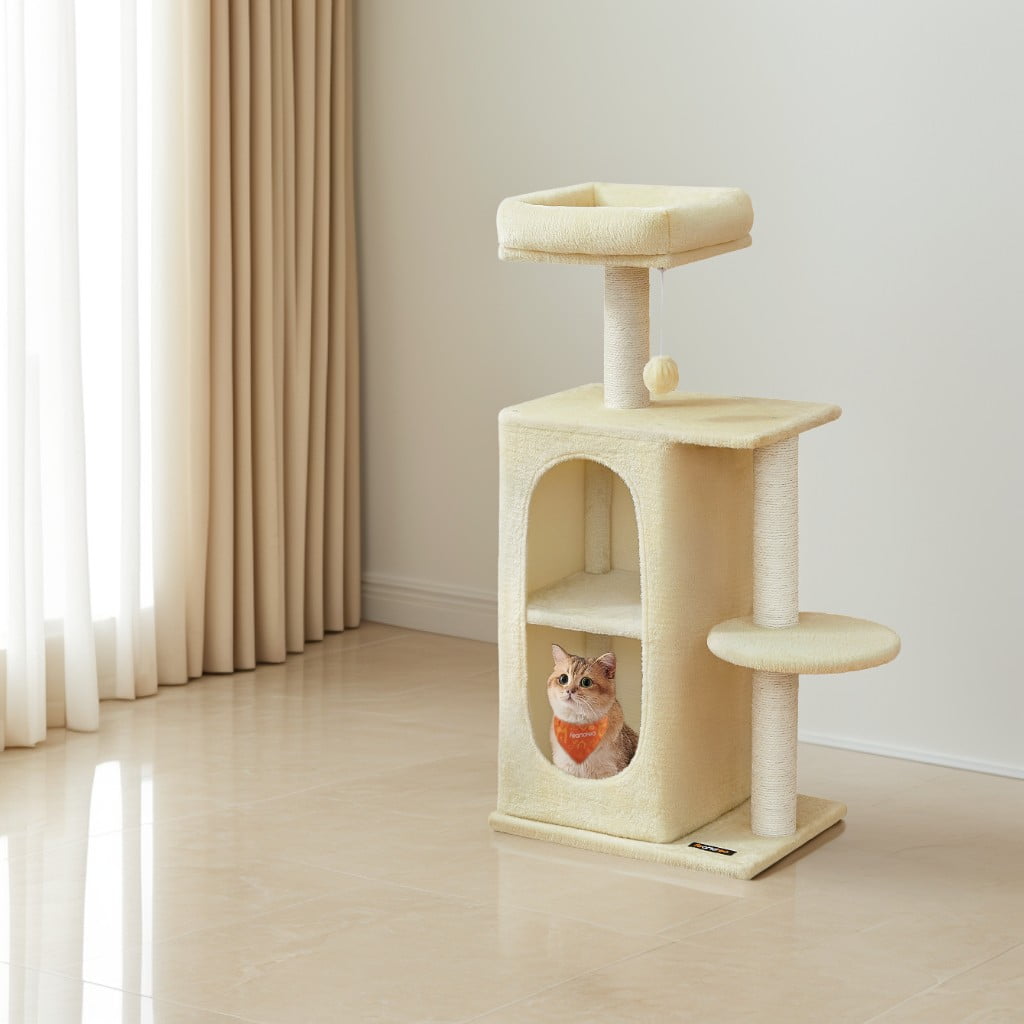 LEDREM 2-Level Cat Tree with Plush Caves & Scratching Posts, Compact Cat Tower for Indoor Cats and Kittens, Anti-Tip Design, Sand Beige