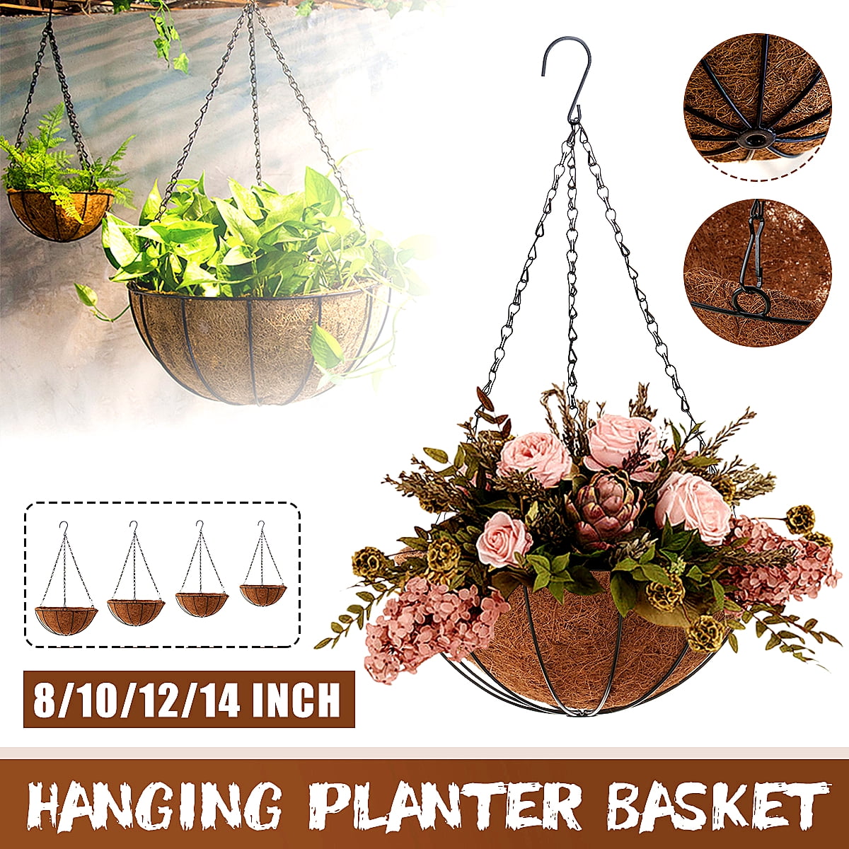 14 inch Round Flower Basket Garden Yard Chain Hanging Plant Flower Pot ...