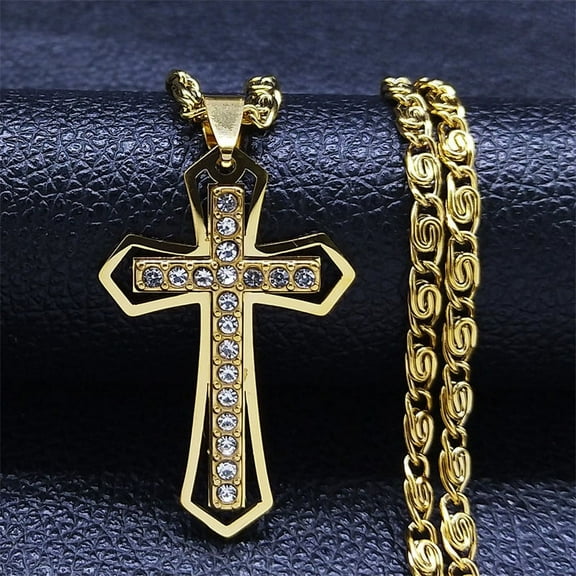 Christian Cross Crucifix Pendant Necklace 14K Yellow Gold Catholic Men Chain Jewelry corrente masculina