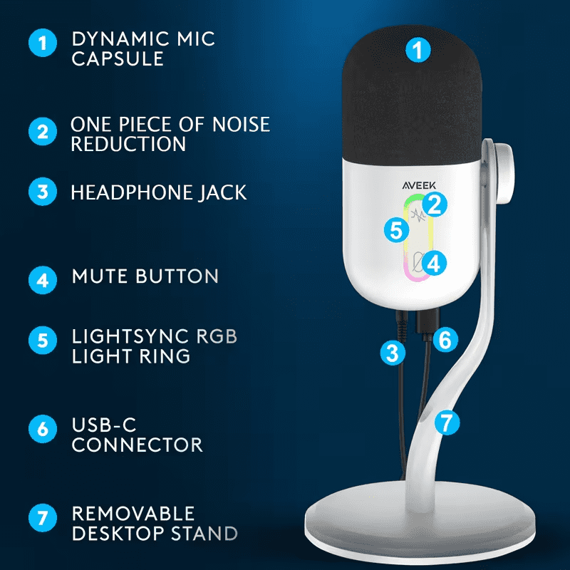 Aveek USB Condenser Microphone, Gaming Mic with Noise Cancellation for Streaming/Discord/Podcast/Asmr,Cardioid Pickup for Windows/MacOS/Android, White