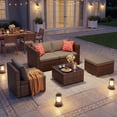 thumbnail image 2 of 5 PCS Wicker Patio Furniture Set, PE Rattan Outdoor Sectional Sofa with Beige Cushions and Glass Coffee Table, for Backyard, Porch, Poolside & Garden - Brown Rattan, Gray  Cushion, 2 of 15