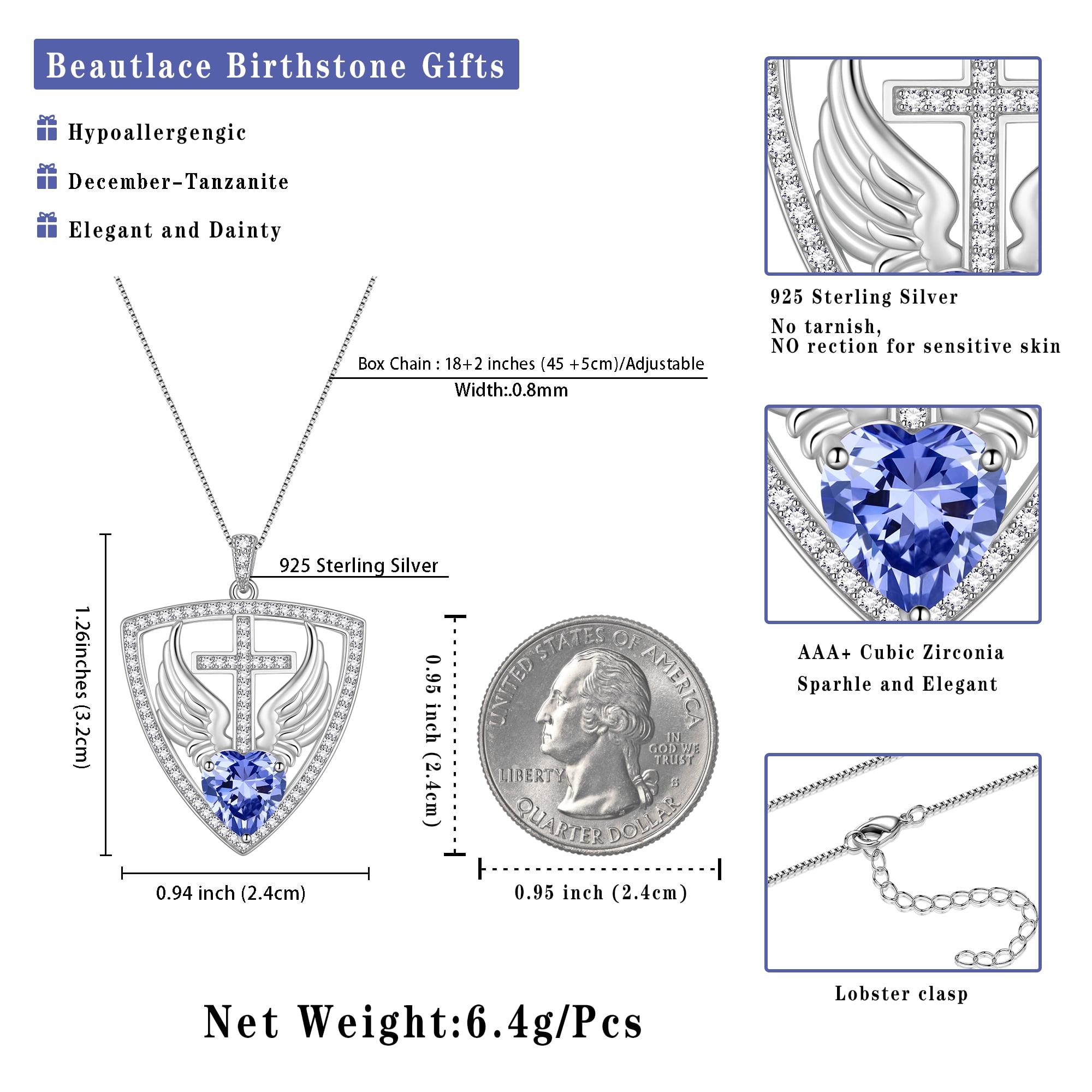 Beautlace 925 Sterling Silver Cross Shield Necklace with Wings and Heart December Tanzanite Birthstone Pendant Necklace Faith and Guardian Jewelry Birthday Christmas Valentines Gifts for Women Mom