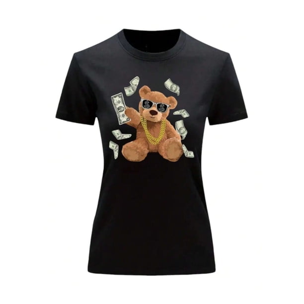 Playera Blusa de Oso Millonario con Dólares Dinero Ropa De Mujer Color Negro Talla Grande Marca Emil SaEs