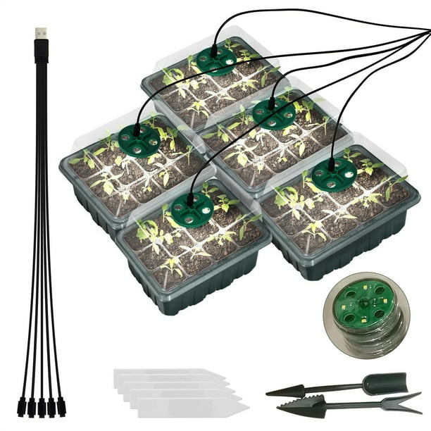 Fiudx Ofertas relámpago Kit de iniciación de semillas con bandeja de semillas, paquete de 5 con luces, Kit básico de germinación de invernadero para inicio del crecimiento de semillas
