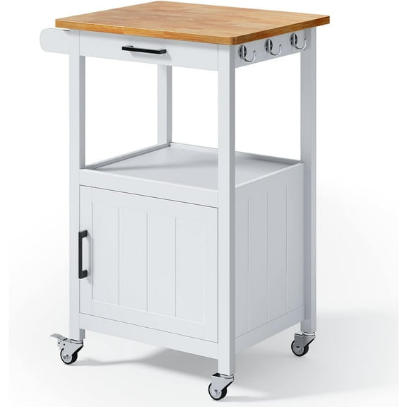 Kitchen Cart with Drawer, Small Kitchen Island on Wheels, Microwave Cart, Small Home Coffee Bar, Microwave Stand, Rolling Kitchen Island Cart with Side Hook, White