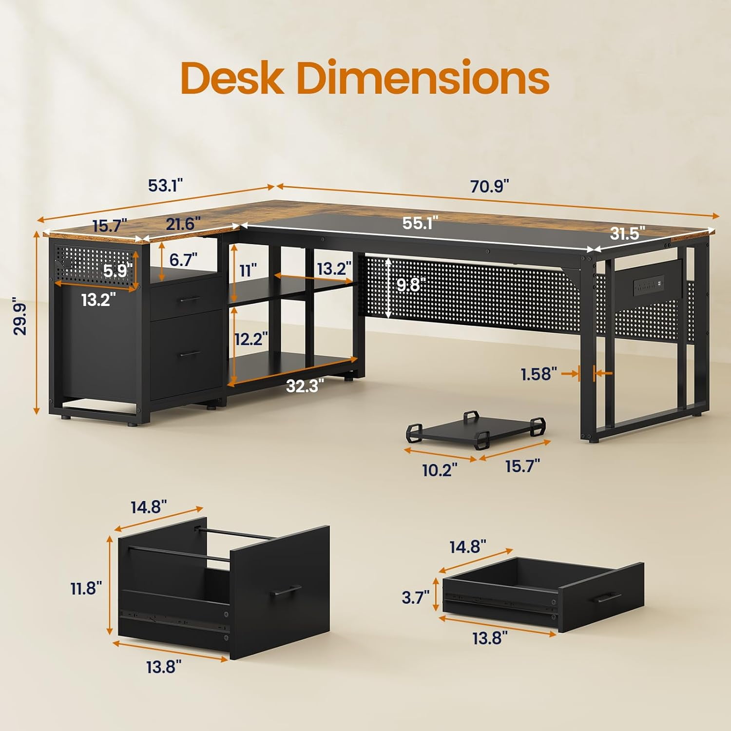 71 in Executive Desk with Power Outlets, Large Office Desk Computer Desk with Pegboard,Reversible L Shaped Desk with File Drawers & Storage Shelves,  Mobile CPU Stand