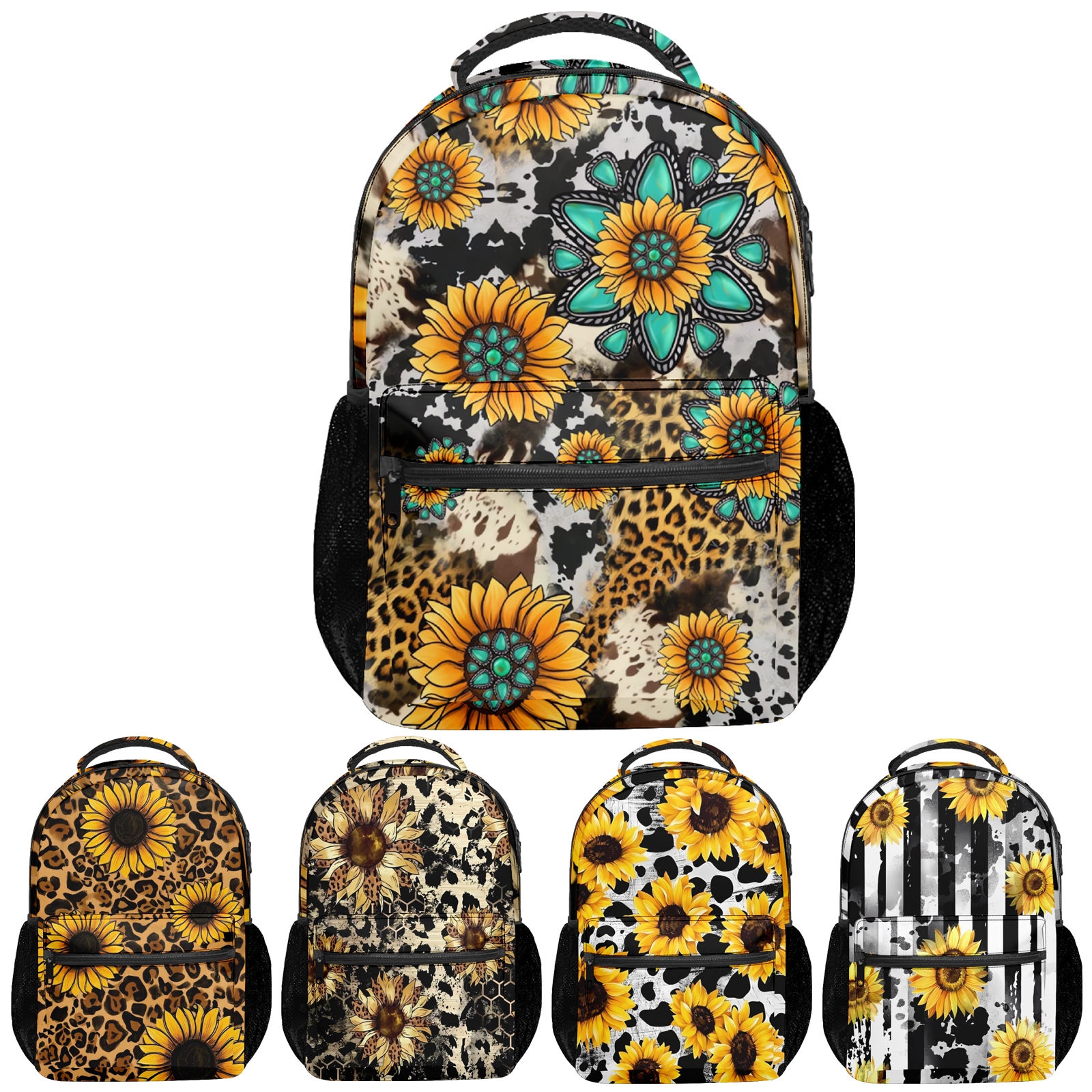 Sunflower Leopard Print Vintage Boys Girls School Computer Backpacks