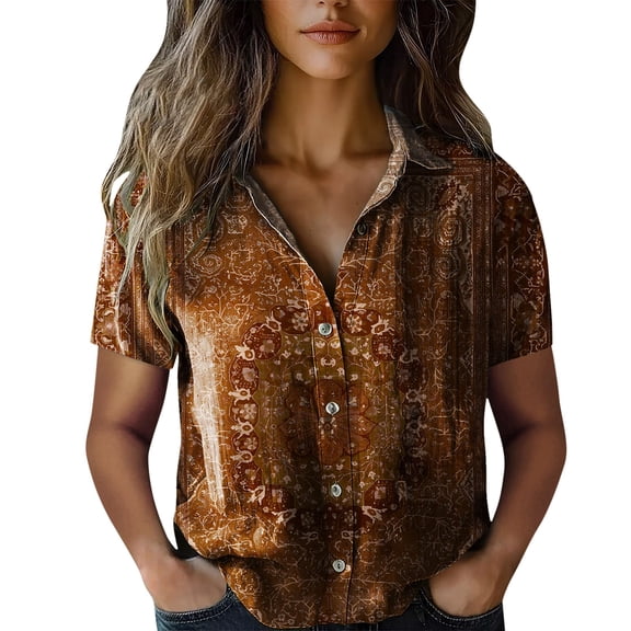 Womens Spring Summer Shirts Cotton Printed Fashion Casual Short Sleeve Shirts for Women