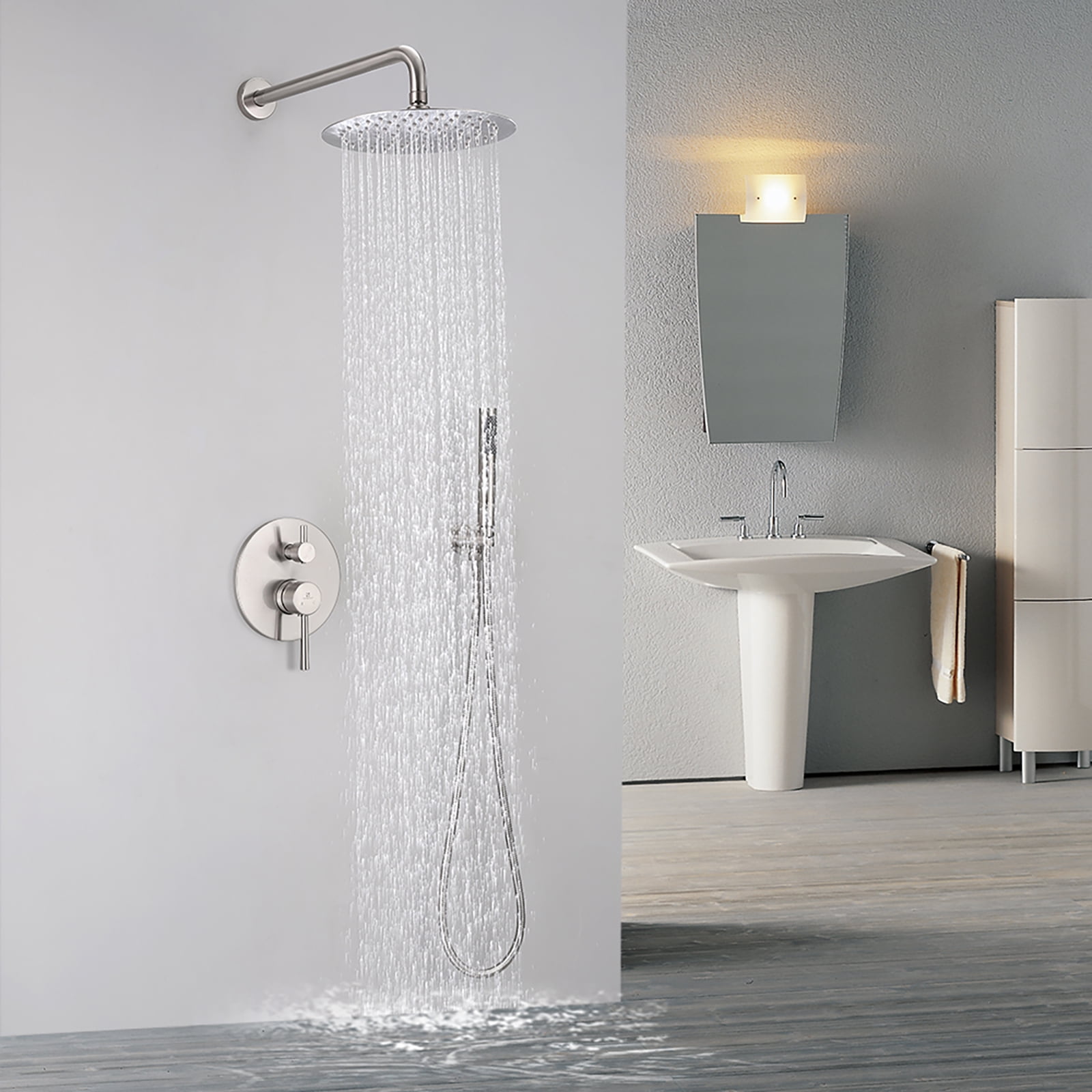 16" Bathroom Rain Mixer Shower Matte Black LED Faucet Set Handheld Head Tap Unit 