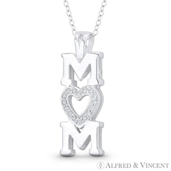 "Mom" Script & CZ Crystal Pave Heart Charm Pendant & Chain Necklace in .925 Sterling Silver
