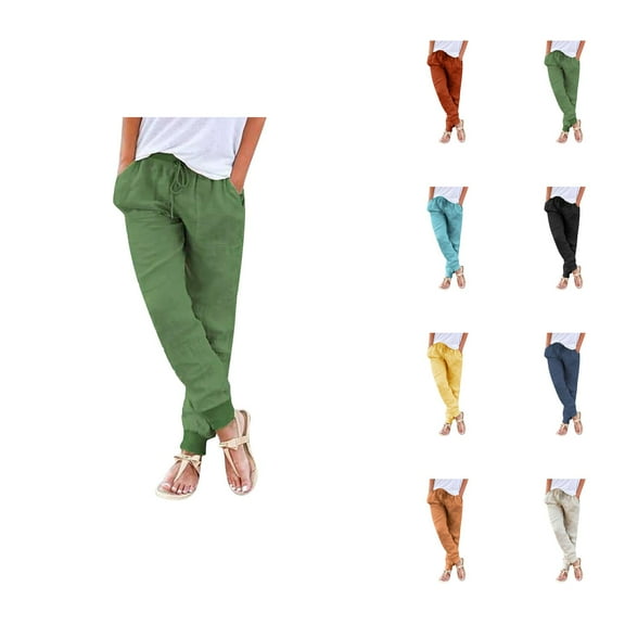 Womens Tapered Pants Drawstring Back Elastic Waist Pants Casual Trousers With Pockets Linen Pants Women