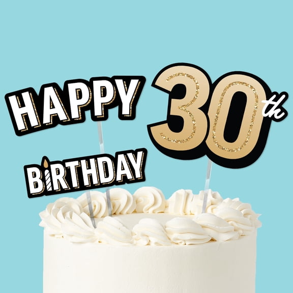 Big Dot of Happiness 30th Birthday Cake Topper Set, Black and Gold Happy 30th Birthday Party Decorations for Adult Milestone Celebrations