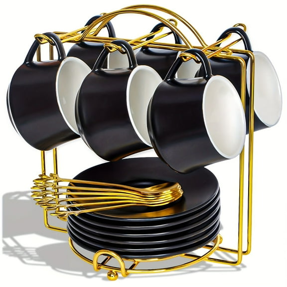 Small Ceramic 4oz Cappuccino Coffee Cups Set of 6 with Saucers, Spoons, Metal Stand, Cute Demitasse Cups with Handle for Lungo, Double Espresso, Cortado