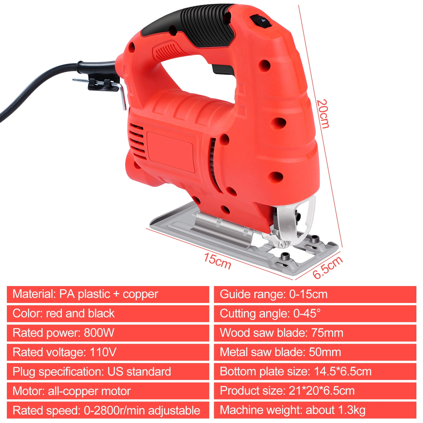 Victool 800W Jig Saw 6 Speed Adjustable Multifunctional Electric Jigsaw Woodworking Power Tool US 110V
