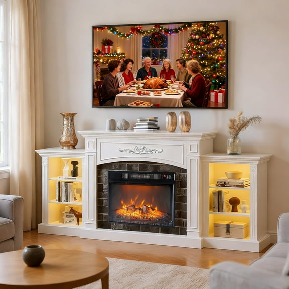 Zimtown Modern 80" TV Stand with Fireplace for 70/75/80/85 TVs, Farmhouse Media Console White Open Shelves TV Cabinet Display Storage, White