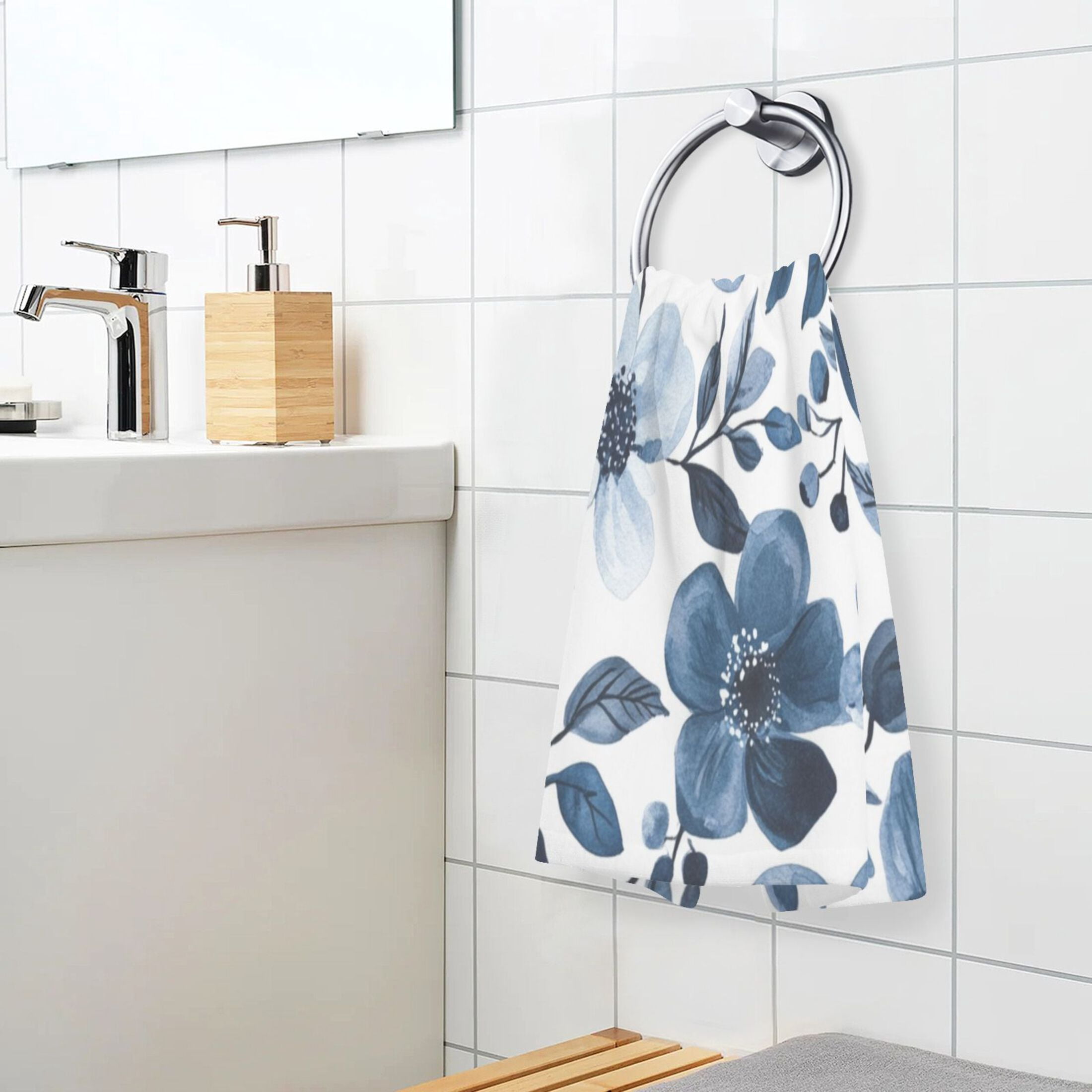 Cotton Towel Two-Piece 16x28 Inch One Sizex2 Face Towel Set Towel Set Cotton Hand Bath Towel Bathroom Beach Beautiful Navy Flowers