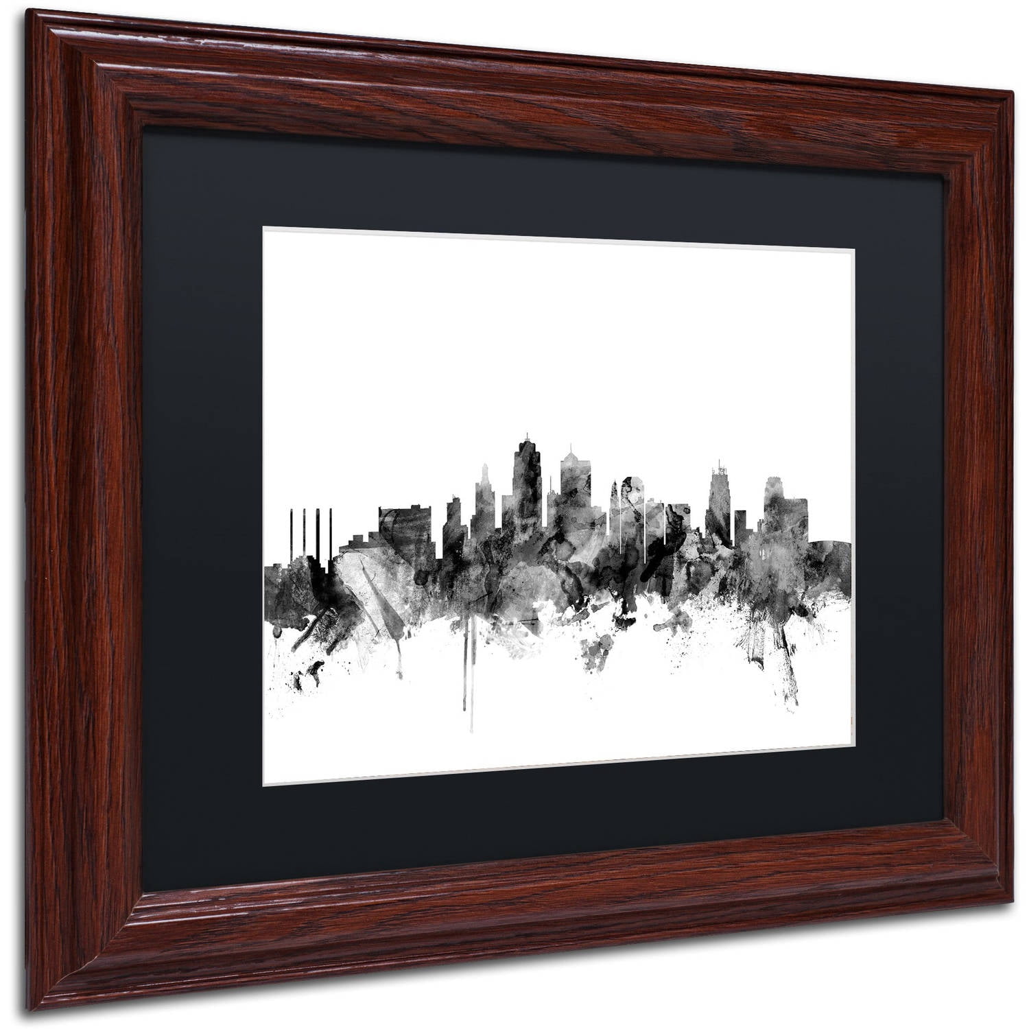 Trademark Fine Art "Kansas City Skyline B&W" Canvas Art by Michael Tompsett, Black Matte, Wood Frame