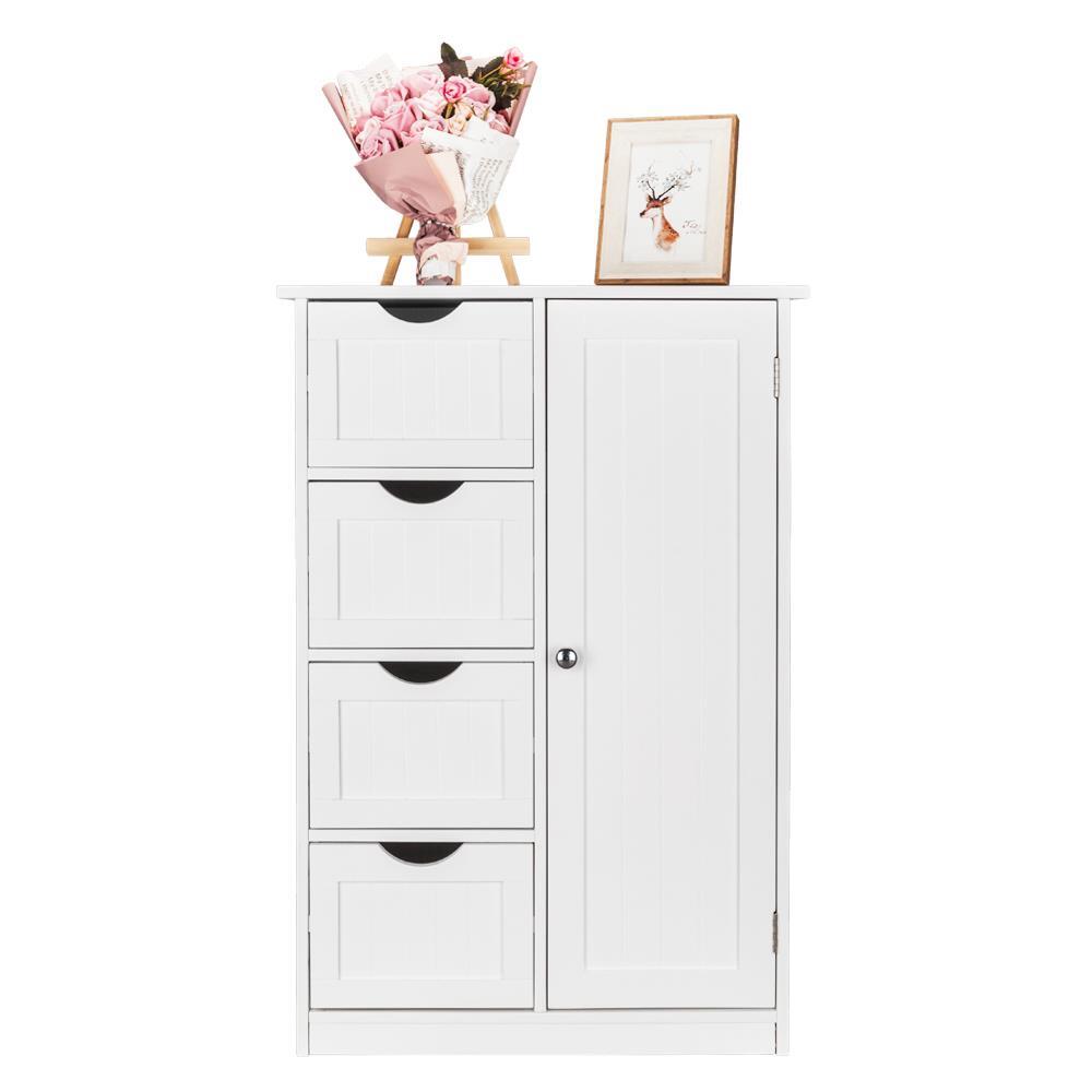 WRTHN Free-Standing Bathroom Storage Cabinet, 4 Drawers + 1 Cupboard, Waterproof P2 MDF, White, 22"L11.8"W32.3"H (3-Position Adjustable Cupboard Shelf)