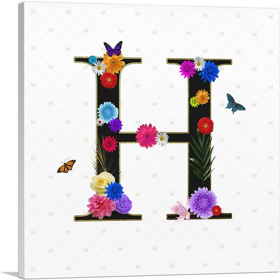 ARTCANVAS Flower Plant Butterfly Alphabet Letter H Canvas Art Print - Size: 26" x 26" (0.75" Deep)