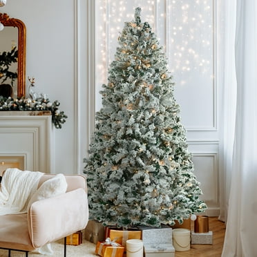 BaytoCare 6 ft Christmas Tree, Pre-lit Artificial Hinged Flocked Tree with 800 Tips, 300 LED Lights, Snow Tips
