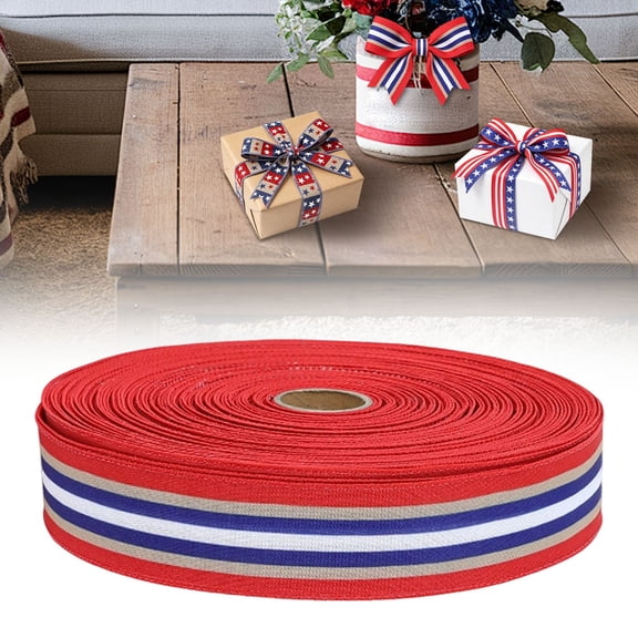 4.8cm x 2m Patriotic Linen Ribbon - Red White Blue & Coffee Vertical Striped Ribbon, Rustic American Flag Themed Ribbon for 4th of July Wreath Bows, Memorial Day DIY Crafts & Party Decor